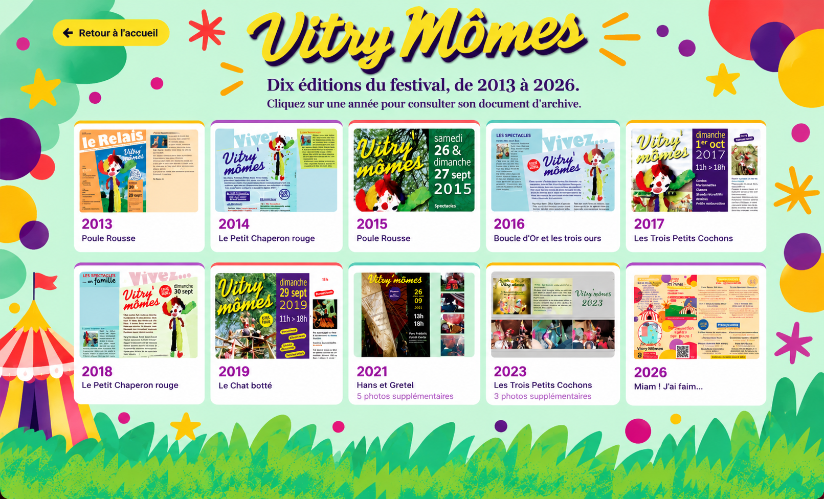 Vitry Mômes : dix éditions, de 2013 à 2026, sous un chapiteau festif avec ballons, étoiles et herbe