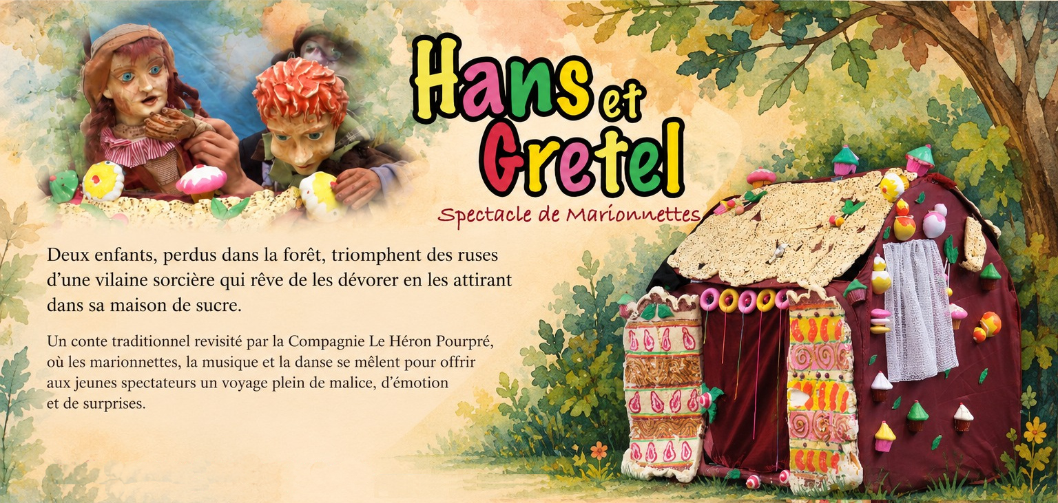 Hans et Gretel dans la forêt aquarellée, avec la maison de gâteau et la présentation du spectacle